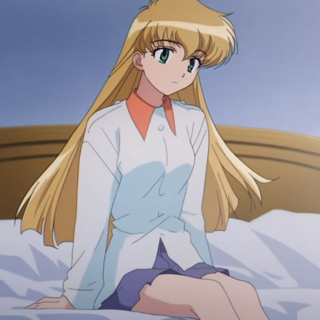 score_9, solo, tina_aya, long hair, blonde hair, green eyes, sitting, bed,