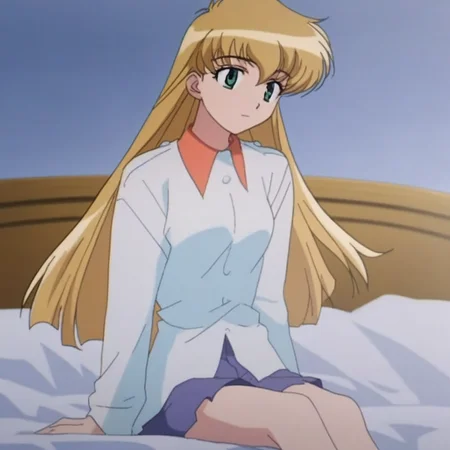 score_9, solo, tina_aya, long hair, blonde hair, green eyes, sitting, bed,
