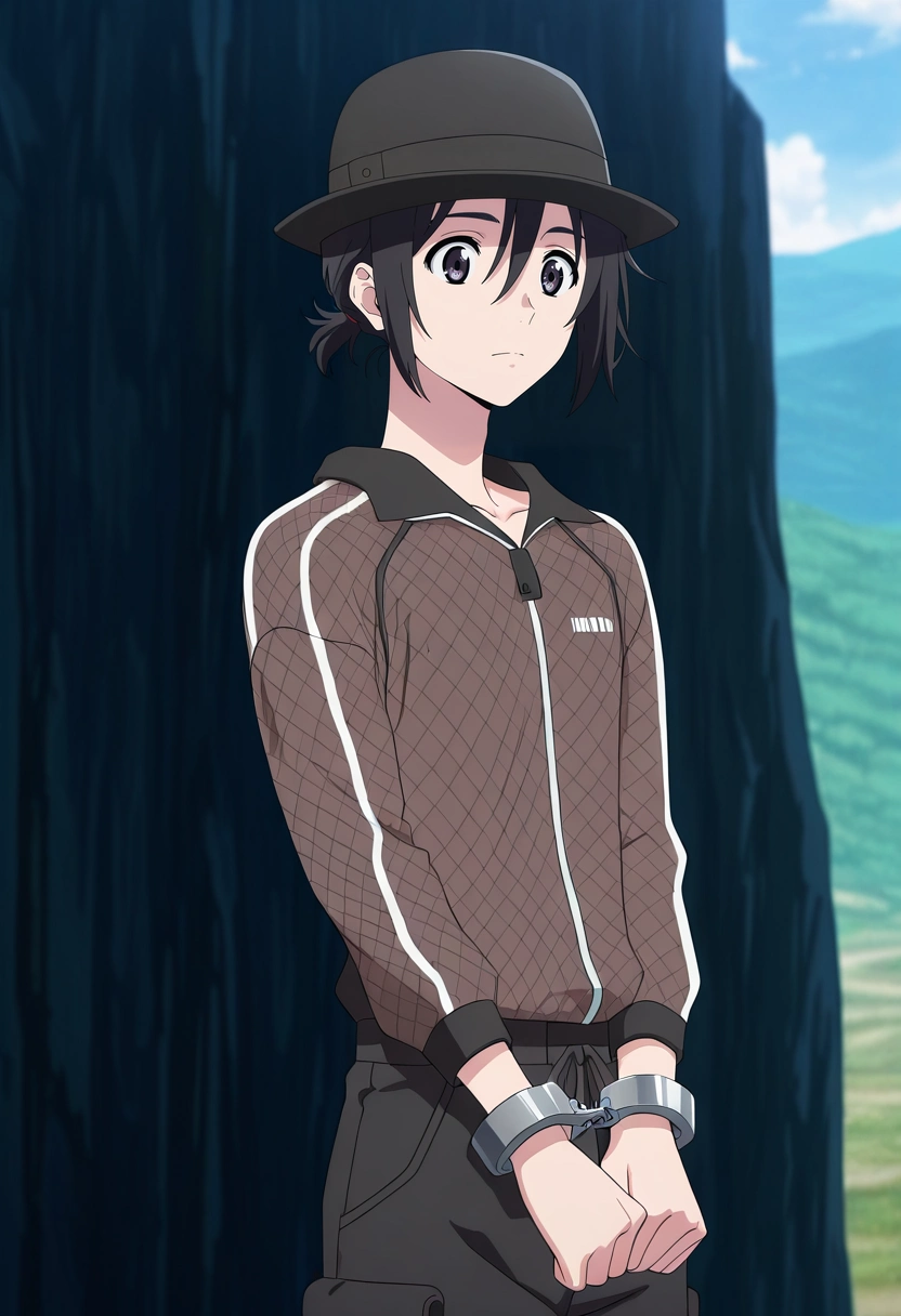 masterpiece, best quality, anime screencap, official style, anime coloring, cowboy shot, 1boy, solo, male focus, <lora:mio_chibana_ilxl:0.9>, mio_chibana, black hair, black eyes, short hair, hair between eyes, short ponytail, , Cuffed pants, Mesh jersey, Hiking boots, Bowler hat, and
