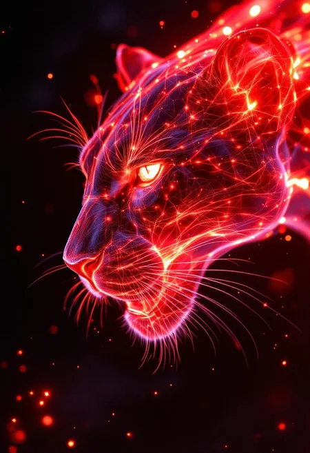Close-up translucent (Panther:1.2)Made of glowing red bio-luminescent ethereal light and light particles, (disintegrating and dissolving into swirling lines of light particles, smokey light , light beams and light particles:1.3) blending with the black background, blending form with reality. Framed in thick volumetric light. God Rays, diffused light, delicately, whispering, eye catching masterpiece artwork. drifting light particles, cracked light and smokey haze in floating threads finishes the dreamlike reality.