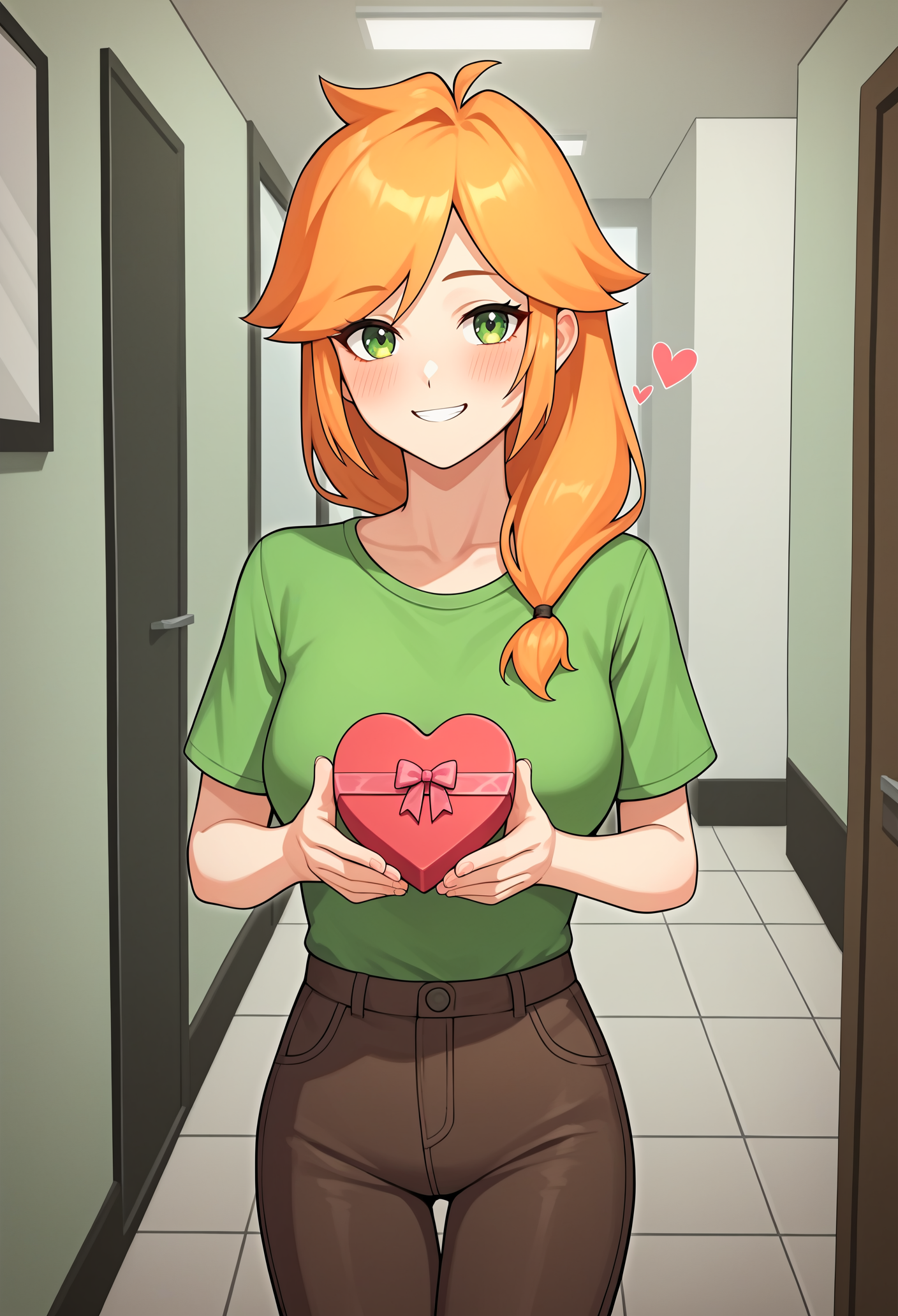 score_9, score_8_up, score_7_up, score_6_up, score_5_up, score_4_up, source_anime, 1girl, solo,  <lora:Alex_Moja:1> mmalex, orange hair, green eyes, green shirt, brown pants, holding heart-shaped box of candy with both hands, blush, happy, looking at you, hallway