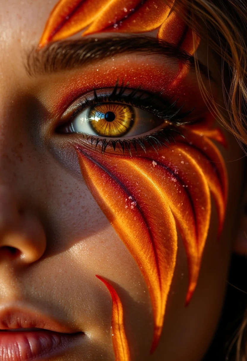 Eyes decorated with a phoenix motif, where fiery orange and red feathers flare across the lids, transitioning to ash-gray at the edges. The makeup includes glowing ember particles that seem to float, and her lashes are tipped with flame-like extensions. Her irises burn with a golden intensity, shot in a dynamic, flame-lit studio with a Panasonic Lumix S1R, .rw2 file, highlighting the radiant heat and texture.
, aidmarealisticskin