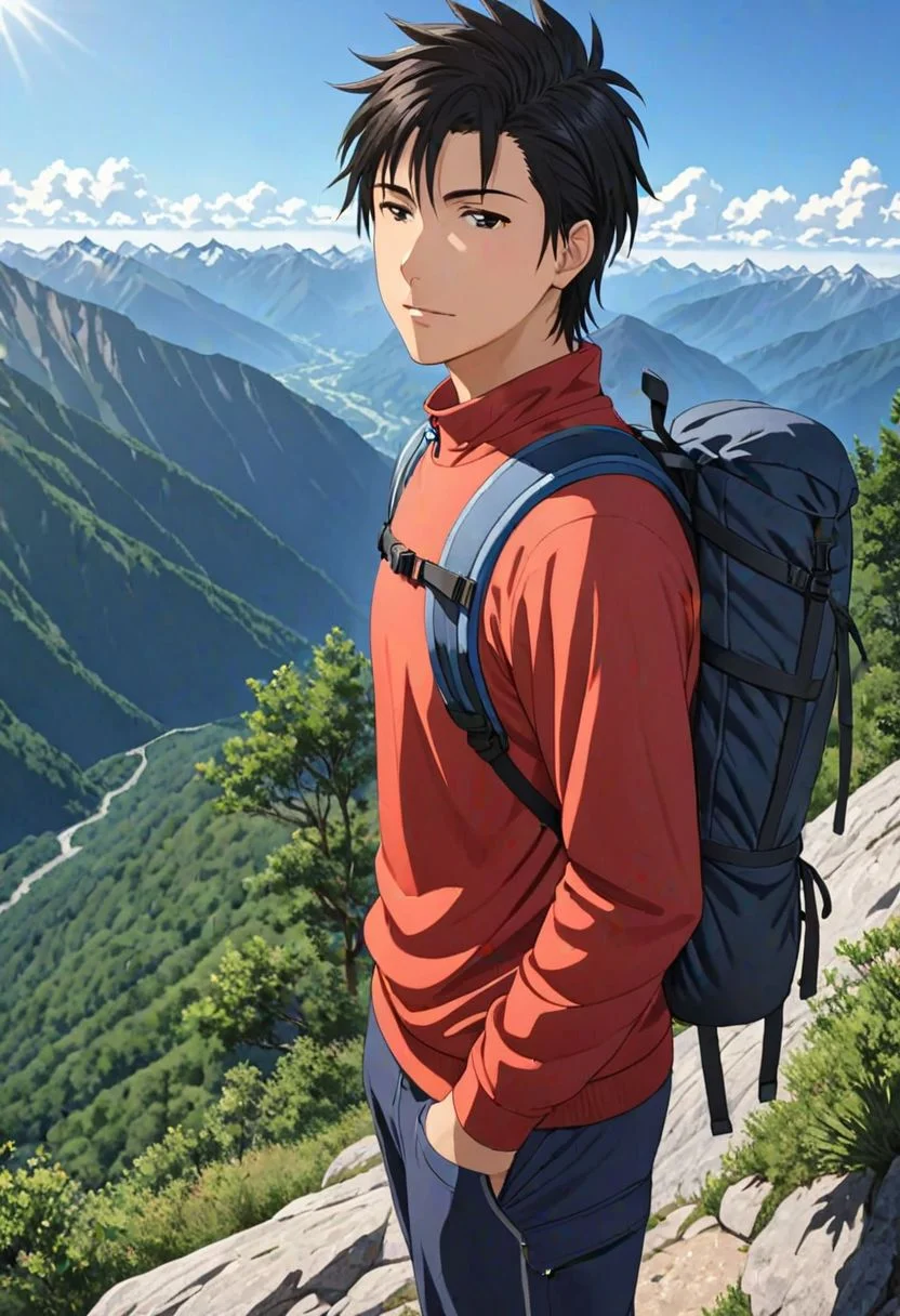 Highres, Masterpiece, High Quality, 4K, Soujiro Agata, 1boy, solo, black hair, hiking gear, hiking to the mountain, top of mountain, Realistic Light, candid photo
