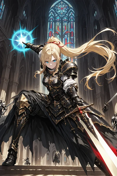 1girl,
holy armor, crystal armor, blonde hair, blue eyes, long hair, ponytail, black dress, white sleeves, red ribbon, black gloves, black boots, holding sword, glowing sword, blue glow, gothic architecture, stained glass window, cathedral, dynamic pose, action, hair ribbon, sword, gloves, ribbon, glowing, holding weapon, dress, solo focus, armor, holding, armored dress, architecture, weapon, glowing weapon, very long hair, floating hair, breastplate, energy ball, battle, boots, light particles, gauntlets, indoors,
A female character from the video game final fantasy vii. she is wearing a black and white outfit with red accents and has long blonde hair that is flowing in the wind. the character is holding two swords in her hands and appears to be in mid-air, with one sword pointing towards the right side of the image. the background is dark and there are colorful lights shining down on the character. the overall mood of the illustration is dramatic and powerful.
<lora:hina_MixArmor_x215c:0.7>
