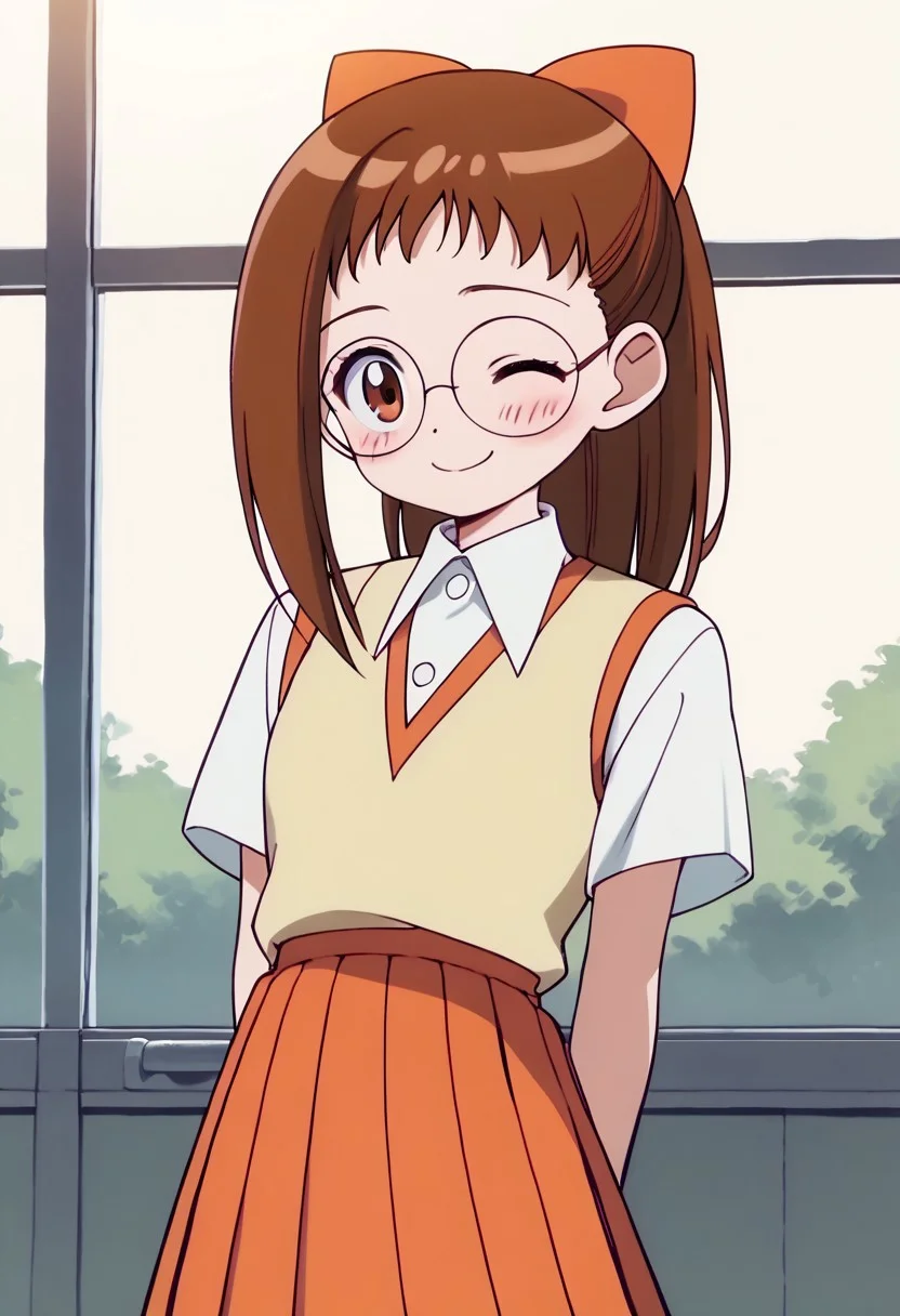 score_9, score_8_up, score_7_up BREAK Hazuki1, 1girl, brown hair, ponytail, brown eyes, glasses, orange bow, soft yellow waistcoat, short-sleeved collared white buttoned shirt, pleated orange skirt, cowboy shot, hands behind back, blushing, winking, smiling,