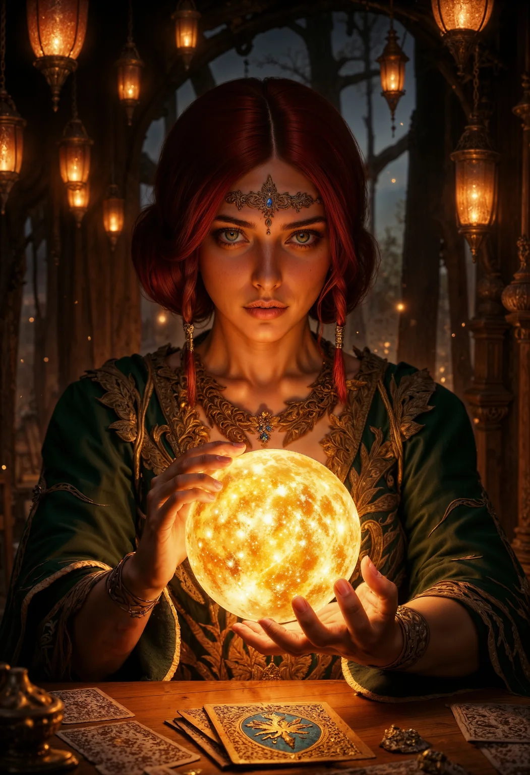 TrissMA, A highly detailed, 8K ultra-realistic digital painting in a semi-realistic, high-contrast style with subtle 90s anime influences. close up portrait of A woman with red hair and fair skin is seated at a wooden table, holding a glowing crystal ball. Her expression is focused and intense, with dark, arched eyebrows and deep-set eyes. She wears a dress adorned with patterns. The background is dimly lit, filled with warm, ambient light from numerous hanging lanterns, creating an enchanting atmosphere. Tarot cards with intricate designs are spread on the table, adding to the mystical theme. The overall composition is centered, with the woman and the crystal ball as the focal points, surrounded by a rich, detailed environment that enhances the magical and mysterious mood of the scene. <lora:FluxTrissMA:0.9> <lora:FluxMythP0rtr4itStyle:0.6> <lora:flux.1_lora_flyway_Epic-Characters_v1:0.6> <lora:Elden_Ring_-_Yoshitaka_Amano:0.33> <lora:Hand v2:1> Detailed hand, Hand, Perfect hand