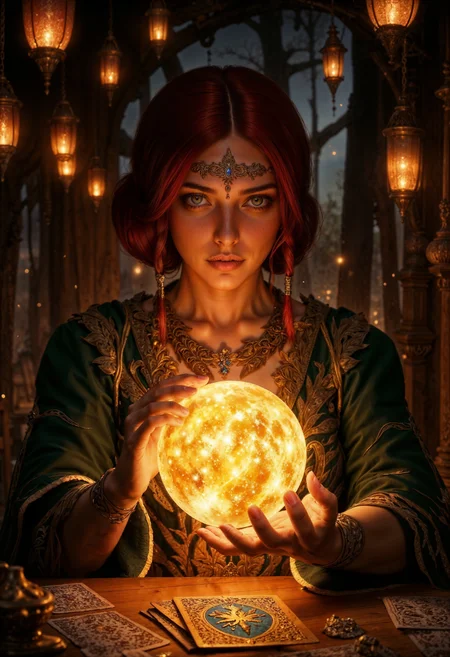 TrissMA, A highly detailed, 8K ultra-realistic digital painting in a semi-realistic, high-contrast style with subtle 90s anime influences. close up portrait of A woman with red hair and fair skin is seated at a wooden table, holding a glowing crystal ball. Her expression is focused and intense, with dark, arched eyebrows and deep-set eyes. She wears a dress adorned with patterns. The background is dimly lit, filled with warm, ambient light from numerous hanging lanterns, creating an enchanting atmosphere. Tarot cards with intricate designs are spread on the table, adding to the mystical theme. The overall composition is centered, with the woman and the crystal ball as the focal points, surrounded by a rich, detailed environment that enhances the magical and mysterious mood of the scene. <lora:FluxTrissMA:0.9> <lora:FluxMythP0rtr4itStyle:0.6> <lora:flux.1_lora_flyway_Epic-Characters_v1:0.6> <lora:Elden_Ring_-_Yoshitaka_Amano:0.33> <lora:Hand v2:1> Detailed hand, Hand, Perfect hand