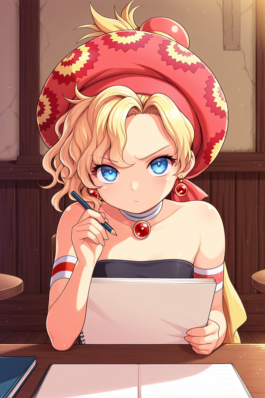 1girl, RelmArrownyFinalFantasy, 
general, solo, pov dating, upper body,
short hair, blonde hair, wavy hair, blue eyes,
hat, earrings,
choker, jewelry, scarf, 
armband,
strapless,
sitting, looking at viewer, serious, holding pencil, holding sketchbook,
fantasy, indoors, table,
<lora:kp_RelmArrownyFinalFantasyIllustrious_v1_0:1.0>,
masterpiece, best quality, amazing quality