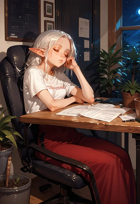 score_9, score_8_up, score_7_up, score_6_up, Frieren, elf ears, , small breasts, t-shirt, working, exhausted, night, plants, table, chair, sleeping, palms on head