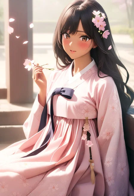 gorgeous lips, cinematic, (masterpiece), (best quality), (ultra-detailed), very aesthetic, illustration, perfect composition, intricate details, absurdres, detailed face, (anime, masterpiece, intricate:1.3), (best quality, hires textures, high detail:1.2), brown eyes,
1girl, tan skin, very long black hair, wavy hair,medium breasts, perfecteyes, 8k, highest quality, ultra details,1girl, solo(,white and pink floral print korean style hanbok,:1.4), blue hair ribbon, surrounded by violets, sitting on a stone bench, garden of pink flowers, spring season, cinematic lighting, hair blowing in the wind, hanbok skirt blowing in wind, blush, smile, happy, cherry blossom falling flower petals ,pink flower in hair, cherry blossom petals cover the entire ground, flower petals blowing in the wind, (from front:1.4), photoshoot