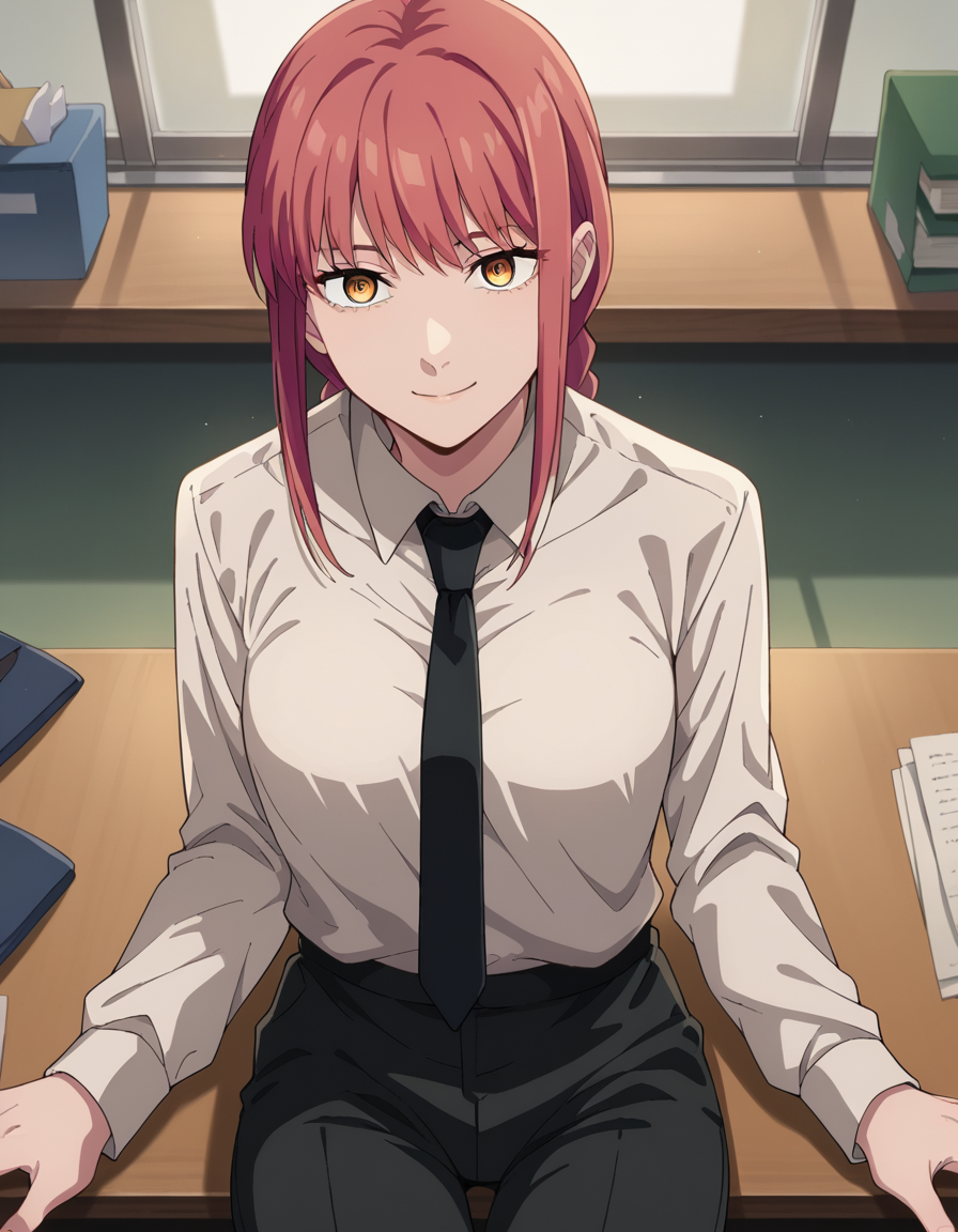 score_9, score_8_up, score_7_up, source_anime,
makima, <lora:chainsaw-man-makima-s1-ponyxl-lora-nochekaiser:1>
makima, long hair, smile, bangs, yellow eyes, braid, red hair, braided ponytail, ringed eyes,
shirt, long sleeves, white shirt, necktie, collared shirt, pants, black pants, formal, suit, black necktie, shirt tucked in, office lady,
indoors, office, sitting, desk, pov across table,
looking at viewer, straight-on,