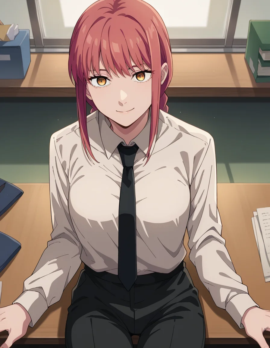 score_9, score_8_up, score_7_up, source_anime,
makima, <lora:chainsaw-man-makima-s1-ponyxl-lora-nochekaiser:1>
makima, long hair, smile, bangs, yellow eyes, braid, red hair, braided ponytail, ringed eyes,
shirt, long sleeves, white shirt, necktie, collared shirt, pants, black pants, formal, suit, black necktie, shirt tucked in, office lady,
indoors, office, sitting, desk, pov across table,
looking at viewer, straight-on,