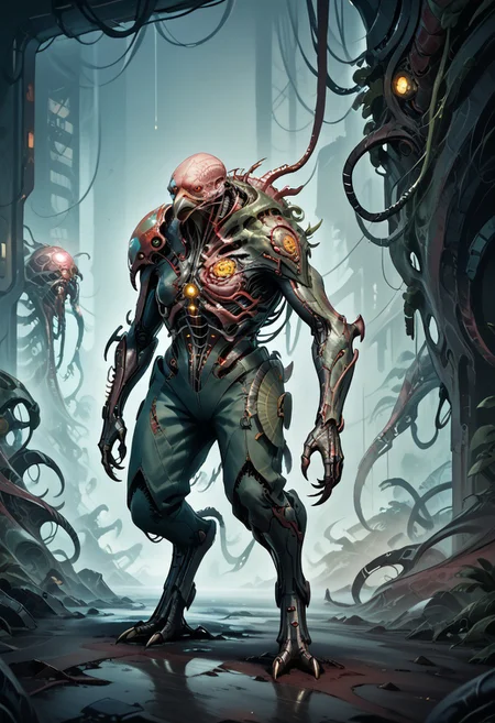 biomechanical, score_9, score_8_up, score_7_up, score_6_up, score_5_up, very aesthetic, fleshmutant, anthro, full body, standing, digitigrade, bird, beak, talons, science fiction, mechanical parts, biohazard, glow, cyberpunk, biopunk