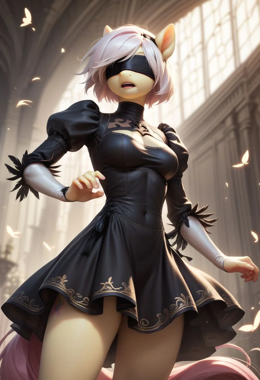 score_9, score_8_up, score_7_up, score_5_up, FLuttershy, pony, antro, 2BNAXL, blindfold, white hair, short hair, black dress, extremely detailed face, high quality, dynamic pose,
