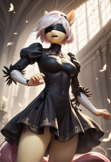 score_9, score_8_up, score_7_up, score_5_up, FLuttershy, pony, antro, 2BNAXL, blindfold, white hair, short hair, black dress, extremely detailed face, high quality, dynamic pose,