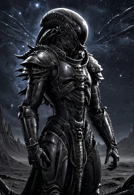 An insanely Detailed Divine Xenomorph, Golden and silver in color, a crimson tinge to the golden color, Hyperdetailed, Omnipresent, Beautiful, Sinister overtones, otherworldly,((masterpiece, best quality)), fantasy, solo, 1 alien knight, silver armor chestplate with silver medieval ornaments and runes, galactic night sky background, perfect composition, sidelighting, outdoor, in a duster standing alone in the desert, art by hr giger,