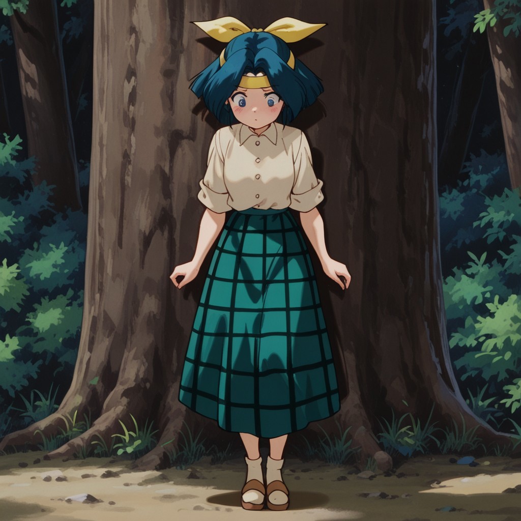 masterpiece, best quality, amazing quality, AzusakanIl, human, female, blue hair, blue eyes, outside, yellow headband, bow, tan shirt, short sleeves, long green skirt, tan socks, brown sandals, red strap,  outside