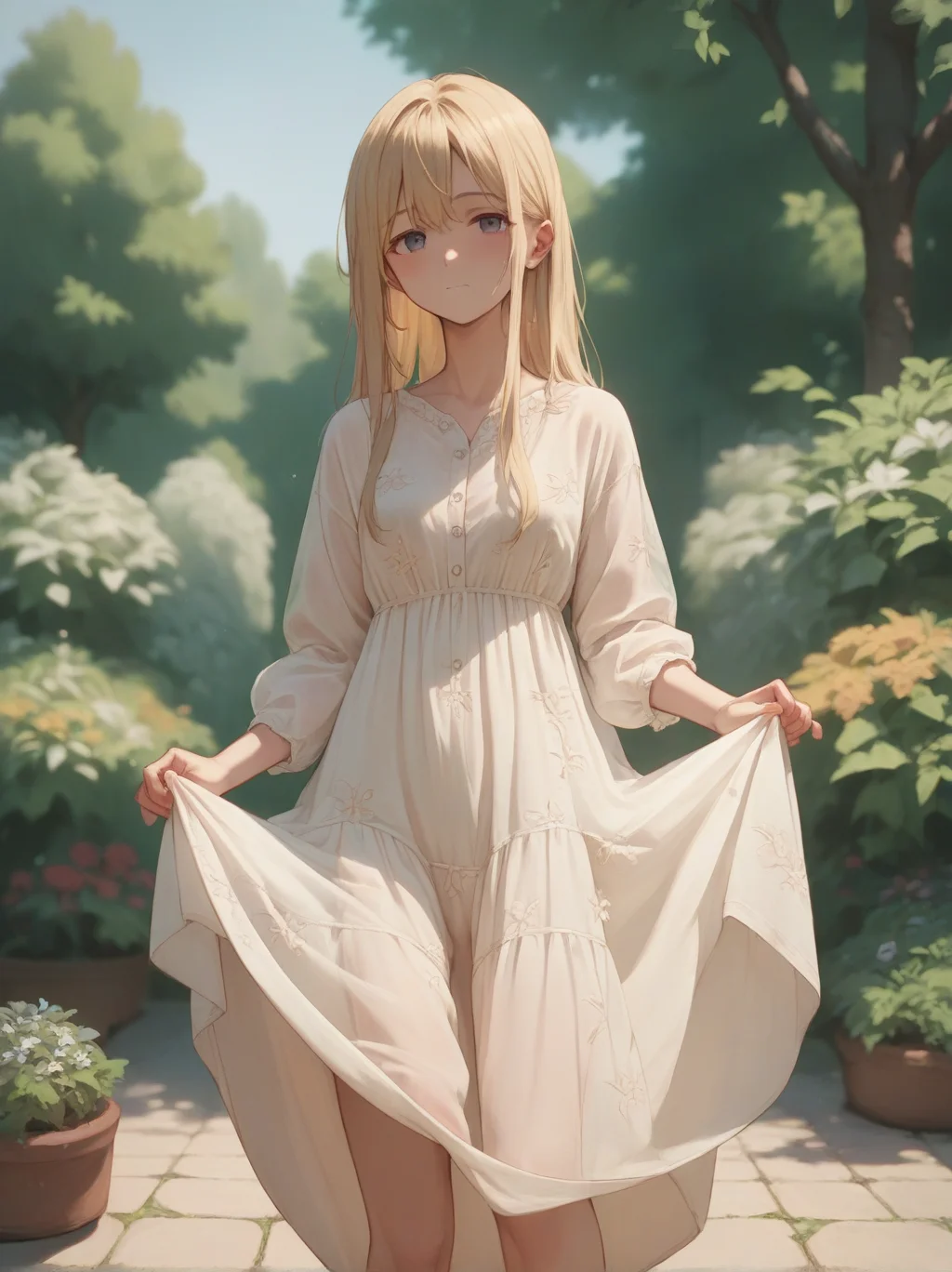 score_9, score_8_up, score_7_up, score_6_up, source_anime, <lora:linen_dress_v0.1-pony:1>
1girl, long hair, blonde hair, linen dress, dress lift,
blurry background, garden, tree, see-through, looking at viewer,
cowboy shot,