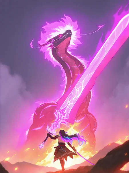 <lora:nai_ILL:0.8>,
theine, <lora:theobrobine-guy90-Illust-Lycorisv1:0.8>,
<lora:Glowing_Spot_Color_-_Illustrious:0.6>, glowing eyes, streaked hair, glowing inner hair, glowing streaks,
A close up cinematic shot of a female samurai wielding a sword with a glowing fire chinese dragon swirling around the blade, the blade is made of a glowing dragon, epic scenery. Focus on the katana, Dragon Samurai.