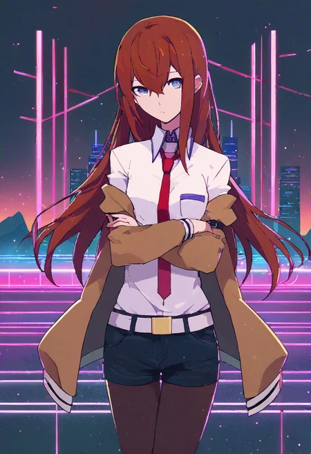 <lora:RetroWave_PonyXL:1> score_9, score_8_up, score_7_up, score_6_up, source_anime, mountainous horizon, sunset, neon lights, cityscape, 1girl, looking at viewer, neon trim, MinimalStyle, retrowave, ((Makise_Kurisu)), brown jacket, off shoulder, white shirt, red necktie, black shorts, pantyhose, legwear under shorts, white belt, makise kurisu, blue eyes, crossed arms