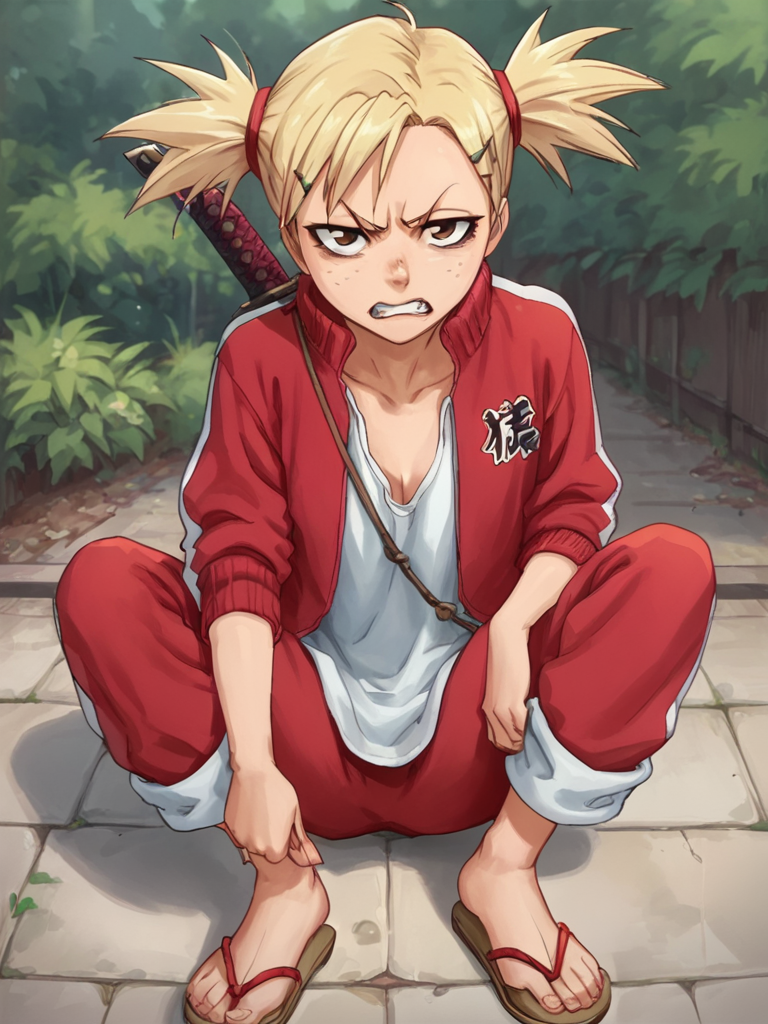 HiyoriSarugaki, clenched teeth, 1girl, solo, blonde hair, freckles, hairclip, red track jacket, teeth,sandals, twintails,  white tank top,brown eyes, <lora:HiyoriSarugakiPony1.0:1.0>,  score_9, score_8_up, score_7_up, score_6_up, score_5_up, score_4_up, looking at viewer,outdoors,katana,
