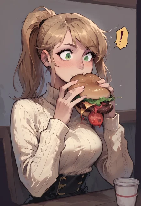 s score_9, score_8_up, score_7_up,1girl, cute girl, sandy blonde hair, swept bangs, green eyes, ponytail hair, medium breasts, fit, thin waist, skinny, white wool sweater, restaurant, mcdonald's, surprised, dutch angle, spoken_exclamation_mark, eating cheeseburger, burger malfunction, tomato,messy,bacon,ketchup,