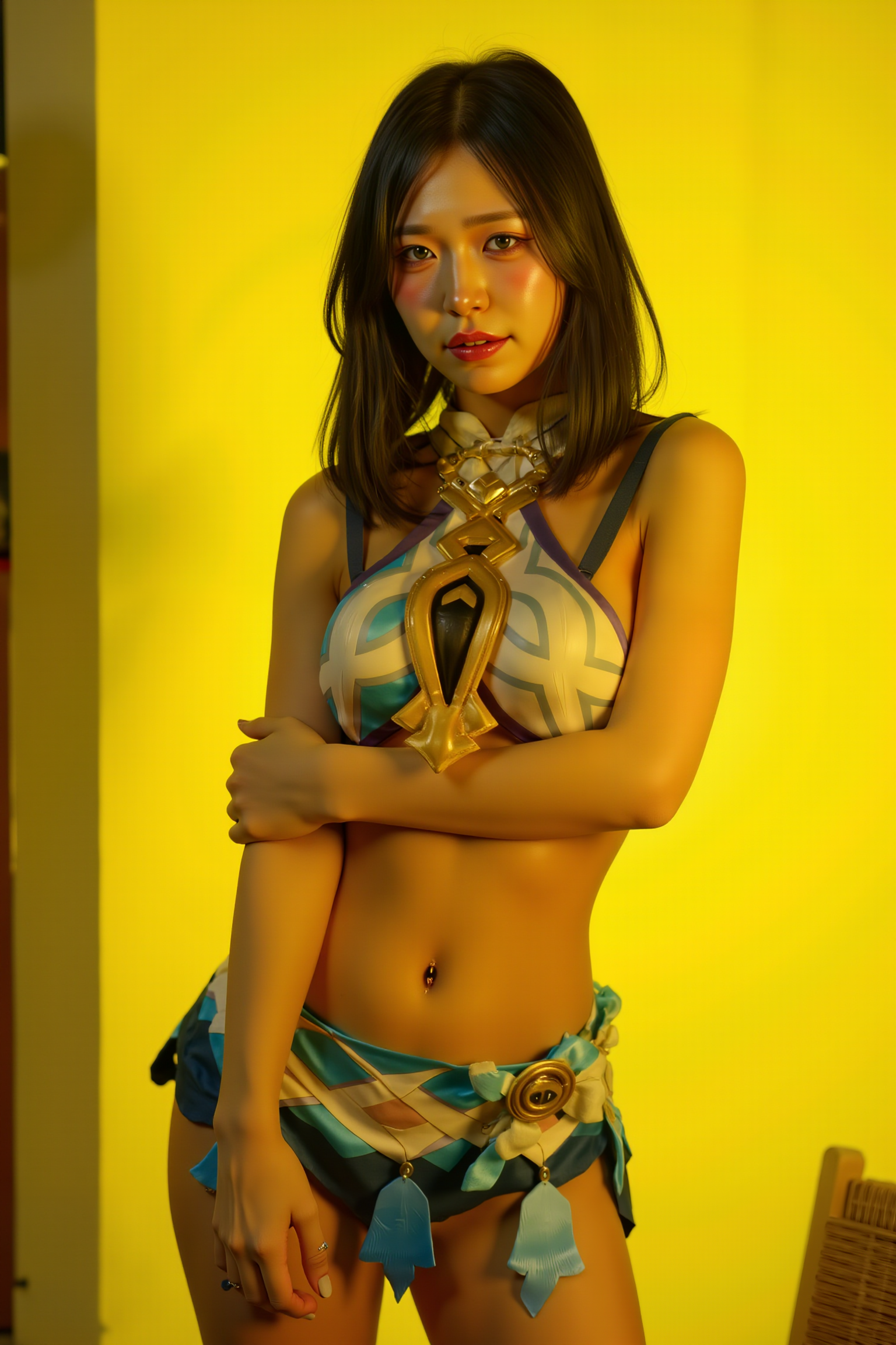 High-resolution photograph of a young woman standing confidently, arms loosely crossed in front of her torso. Her weight subtly shifts to one leg, creating a natural contrapposto stance. Her gaze is directly toward the camera, radiating warmth and self-assuredness. Subtle lighting accentuates her relaxed elegance.

She is wearing a SGWN53Clothing. Her makeup is dramatic, with dark eyeliner and bold, glossy pink lips. 

The lighting features a high-contrast, monochromatic white color scheme that creates a moody, intimate atmosphere. 

The photography technique uses what appears to be soft lighting to create a glamorous effect, with careful attention to highlighting contours while maintaining the dominant light yellow color scheme throughout the frame.

The overall aesthetic combines elements of fashion photography, traditional Asian visual motifs, and contemporary boudoir styling. The dramatic light yellow lighting creates a cohesive visual theme that ties all elements of the composition together.

The white light emit on her to show her feature.