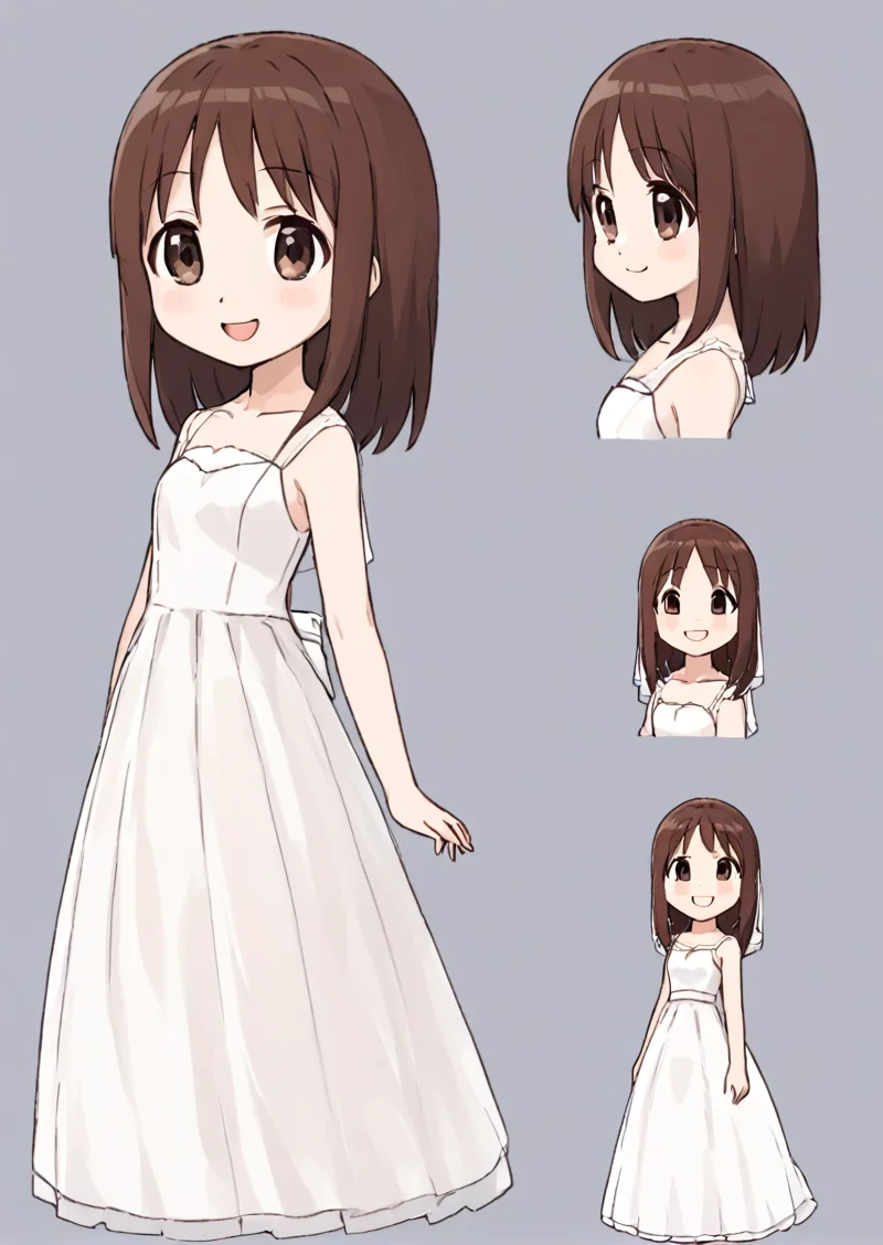 masterpiece, best quality, 1 girl, brown hair, kasuga ayumu, wedding dress, smiling, <lora:Kasuga_Ayumu_Osaka_SDXL_XL_Azumanga_Daioh_Epoch10:1>, <lora:character_sheet:0.8>, front and side, full body