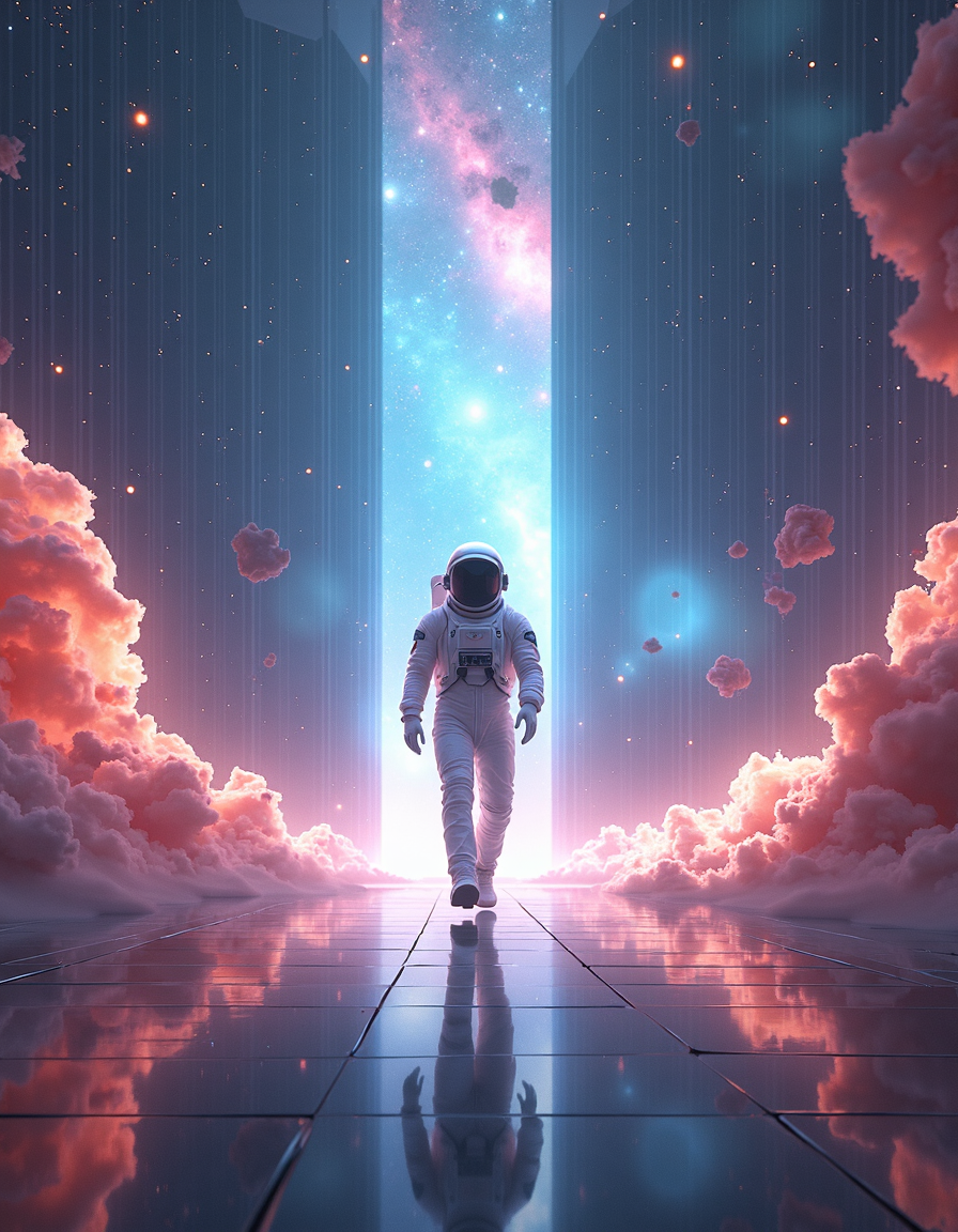 An ethereal, detailed digital illustration of an expansive, futuristic teleportation chamber. The center stage is a sleek white astronaut in a sleek, futuristic suit, stepping into a radiant radiant light that engulfs the space around it. The backdrop of a galaxy of swirling gas and dust, with a kaleidoscope of colors, sets a kaleidoscope of light and space., extremely stylish, cool colors, cinematic atmosphere, enhanced quality