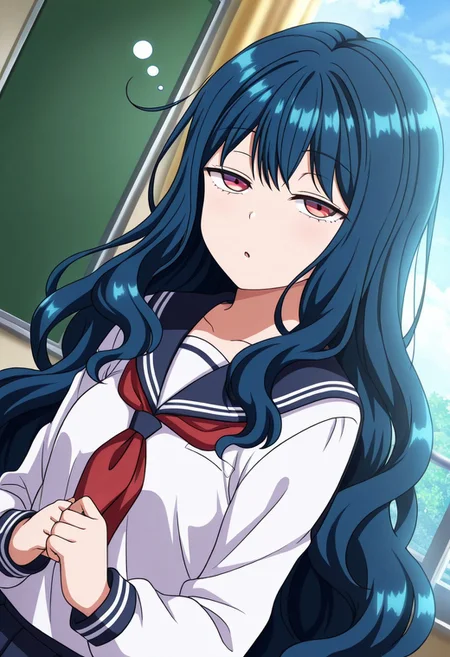 general,highres, ultra-detailed,very aesthetic,best quality ,best hands,best eyes,easynegative,
dynamic anglre, dutch angle, anime cloring,
1girl solo,looking at viewer,school, indoors, sleepy,
Yuu Nozaki,navy blue_hair, long_hair, wavy hair, red eyes, small breasts, short body,school uniform