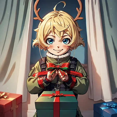 score_9, score_8_up, score_7_up,
TanyaDegurechaff, flyingsuit, 1girl, solo, looking at viewer, blush, smile, short hair, blue eyes, blonde hair, bow, ribbon, ahoge, indoors, bound, curtains, box, christmas, gift, gift box, bound wrists, antlers, reindeer antlers, flight suit,
score_9, source_anime
,<lora:TanyaPonyV2:0.8>