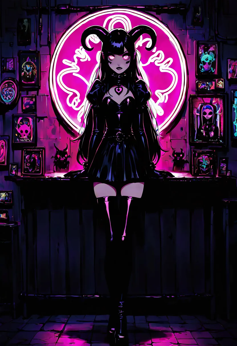 (masterpiece, best quality, good quality, very aesthetic, absurdres), 1girl, solo, eyelashes, (beautiful eyes), pink neon, goth, glowing eyes, neon lights, 1girl, devil, horns, latex, full body, demon, painting, ,<lora:GothRetroNAI:0.8>,