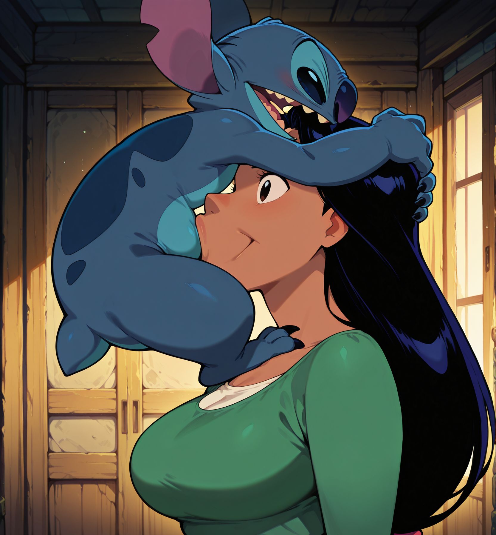 masterpiece, best quality, newest, absurdres, highres, detailed eyes, beautiful, detailed background, perfect eyes, anime coloring, anime screencap,
<lora:Small_Dom_Big_Sub:1>SDBS_V1, 
1girl,hetero,
1monster nude,head grab,
(face humping), Hold head,
(clothed female), standing, 
disney stitch, blue creature, 
milf,
black female, long hair, milf, happy, nani pelekai, nani,