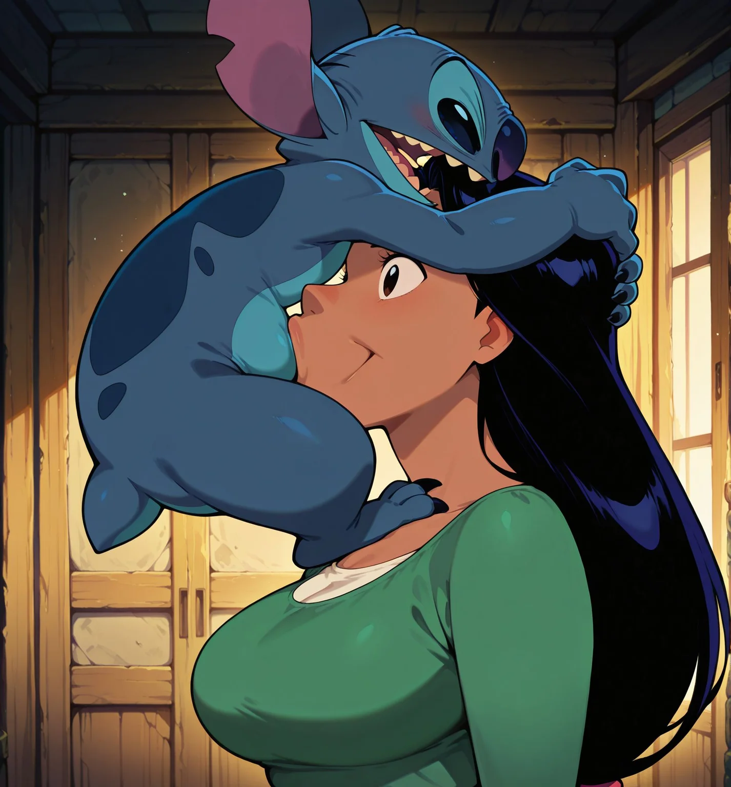 masterpiece, best quality, newest, absurdres, highres, detailed eyes, beautiful, detailed background, perfect eyes, anime coloring, anime screencap,
<lora:Small_Dom_Big_Sub:1>SDBS_V1, 
1girl,hetero,
1monster nude,head grab,
(face humping), Hold head,
(clothed female), standing, 
disney stitch, blue creature, 
milf,
black female, long hair, milf, happy, nani pelekai, nani,