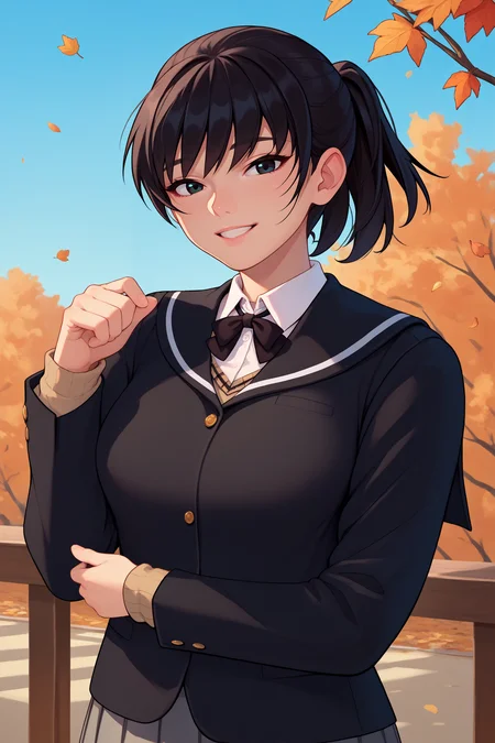 score_9, score_8_up, score_7_up, score_6_up, source_anime, 1girl, solo, <lora:tsukaharahibiki-pdxl-nvwls-v1-000005:1> amagamiHT, black hair, ponytail, black eyes, black blazer, black sailor collar, collared shirt, neck ribbon, grey skirt, pleated skirt, big breasts, upper body, portrait, blue sky, autumn, looking at you, happy