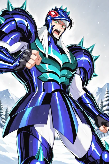 masterpiece,best quality,amazing quality, SSTHR, 1boy, male focus, toned male, medium hair, white hair, beard, green eyes, blunt cut, (phecd helmet, red eyes), chin guard, teal spikes, phecd armor, fingerless gauntlets, upper body, thighhigh greaves, white bodysuit, snowfield background, snow, mountainside, trees, solo, open mouth, angry, from below, looking at viewer