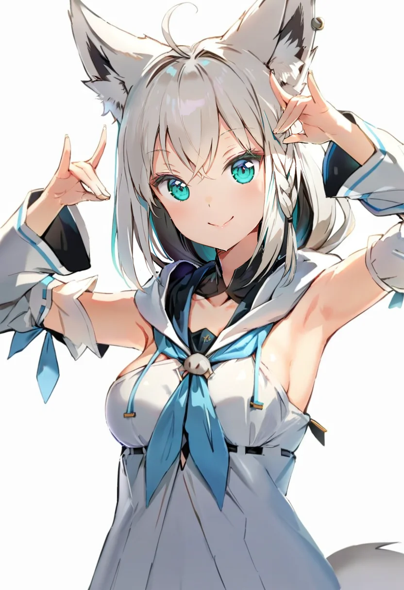 masterpiece, best quality, <lora:anmiXL_ANI31_lokr_V4239:0.95> 1girl, animal ears, solo, virtual youtuber, shirakami fubuki, fox ears, ahoge, white background, braid, smile, white hair, simple background, looking at viewer, detached sleeves, fox shadow puppet, hair between eyes, long hair, upper body, fox girl, bangs, breasts, side braid, green eyes, earrings, blue neckerchief, collarbone, closed mouth, animal ear fluff, jewelry, hood, piercing, ear piercing, double fox shadow puppet, armpits, aqua eyes, eyelashes