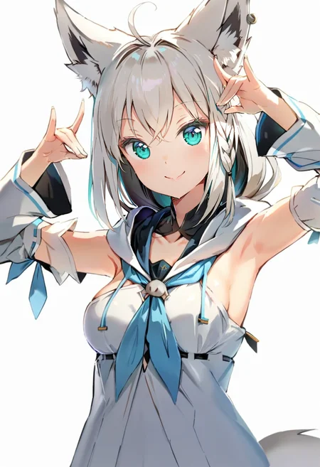 masterpiece, best quality, <lora:anmiXL_ANI31_lokr_V4239:0.95> 1girl, animal ears, solo, virtual youtuber, shirakami fubuki, fox ears, ahoge, white background, braid, smile, white hair, simple background, looking at viewer, detached sleeves, fox shadow puppet, hair between eyes, long hair, upper body, fox girl, bangs, breasts, side braid, green eyes, earrings, blue neckerchief, collarbone, closed mouth, animal ear fluff, jewelry, hood, piercing, ear piercing, double fox shadow puppet, armpits, aqua eyes, eyelashes
