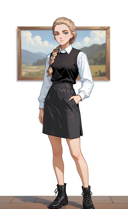 concept art masterpiece, ultra-HD, impressionism (1.5), high detail, depth of field, white background, looking at viewer, footwear,
katyastik, 1girl, solo, long hair, braid, blonde hair, jewelry, earrings, single braid, green eyes, single braid, stud earrings,
shirt, white shirt, long sleeves, stud earrings, vest, collared shirt, black vest, short skirt,
disheveled hair, cross-laced footwear, Stands straight, hand in pocket, zoom out, standing
<lora:NOOB_vp1_detailer_by_volnovik_v1:1.4> <lora:DarkerThanBlackIllustrious:1> <lora:katyastik00001:1> . digital artwork, illustrative, painterly, matte painting, highly detailed