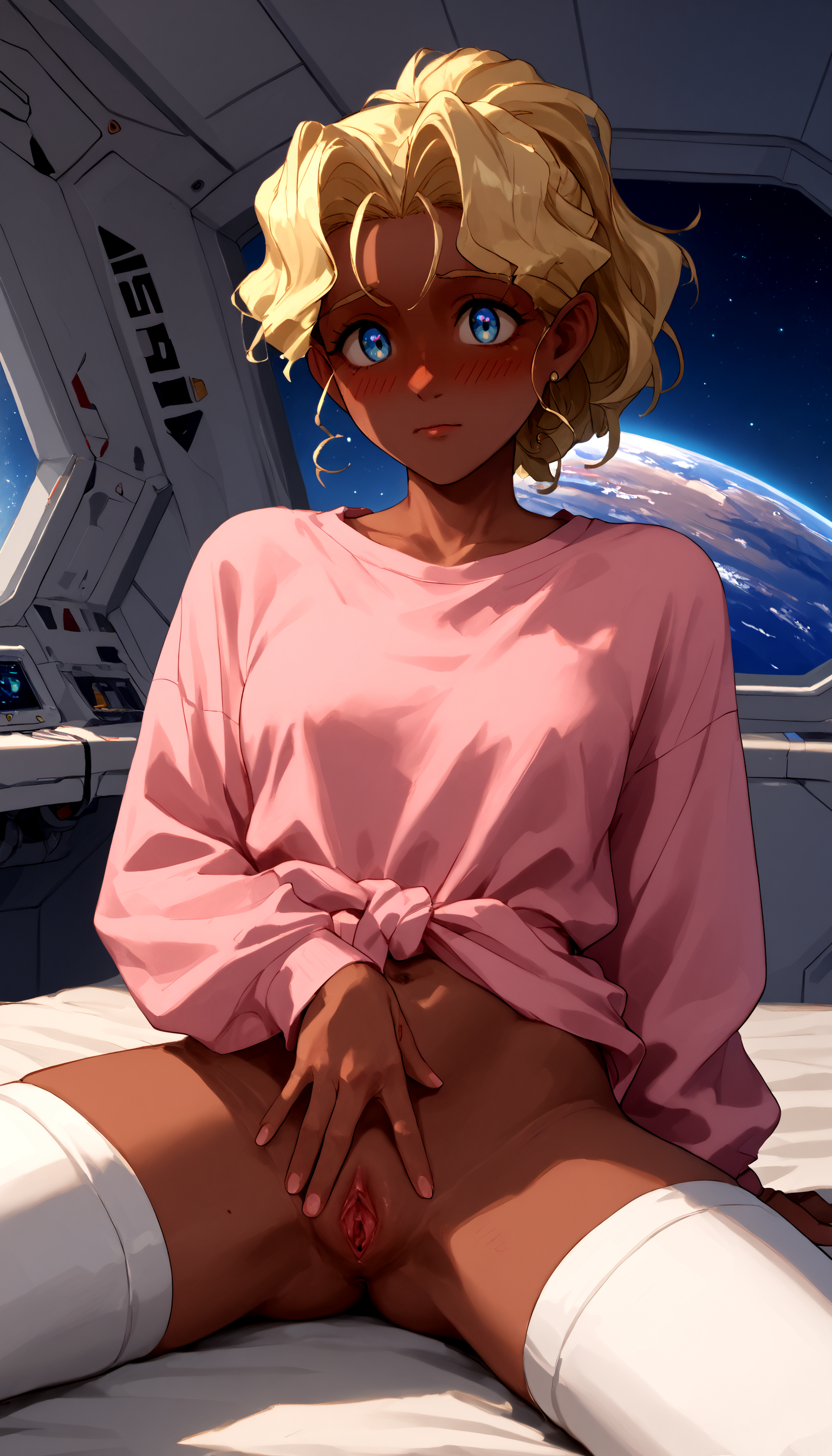tfps <lora:PussyPeace_epoch_6:0.99> 1girl, dark_skin, pussy, <lora:MihoshiV1:0.7> kuramitsu_mihoshi, pink_shirt, spacecraft, bedroom, bottomless, blush,, score_9, score_8_up, score_7_up, (high quality, detailed, beautiful)