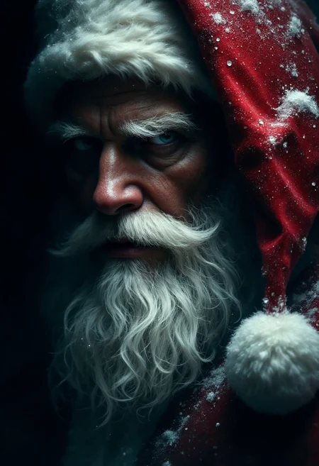 A Santa Claus in a dramatic, chiaroscuro-style. One side of his face is dimly lit while the other half is obscured in deep dark shadow. His expression is mysterious while his eyes seeming to hold untold secrets. Deep shadows obscure his face and his crimson hatâs fur trim is faintly visible against the darkness. Framed in a vortex of snow and shadow.