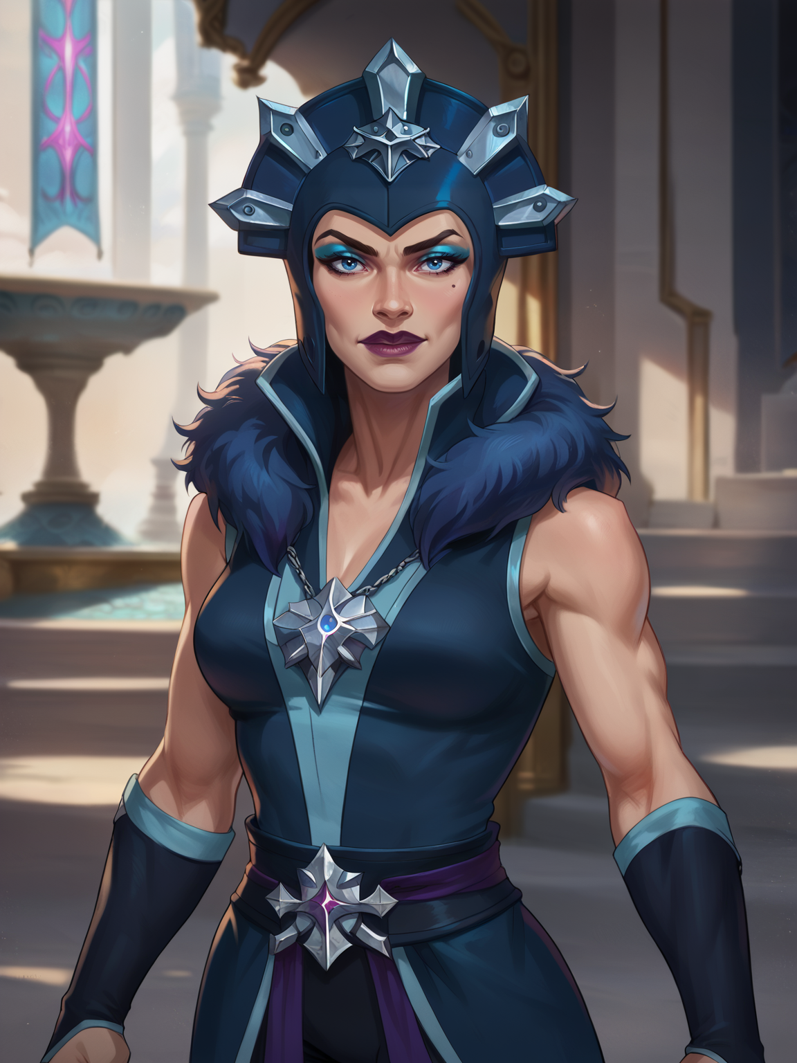 <lora:Evil Lyn:0.4> ev_ly, 1girl, blue eyes, blue eyeshadow, purple lips, athletic,dark blue helmet with crest, fur collar, dark blue sleeveless coat, dark blue pants, dark blue bracers, looking at viewer, <lora:Concept Art Brush Style LoRA_Pony XL v6:0.9> realistic, concept art, digital art, score_9, score_8_up, score_7_up,