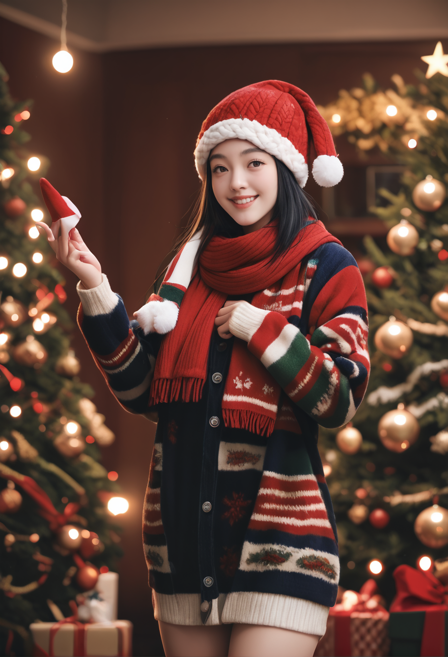 1girl,,ruanyi1386,beanie,striped clothes,red scarf,christmas,standing,thigh gap,christmas tree,blurry background,smile,<lora:1386 christmas_v1_pony:1>, score_9,score_8_up,score_7_up,,8k,solo,,