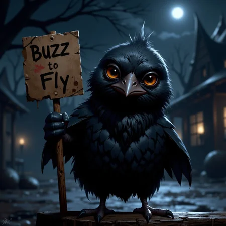 score_9, score_8_up, score_7_up,
plump, black feathered raven chick, ((big round eyes)), sharp beak, puffed up feathers, cute and scary, ((hold sign that says "Buzz to Fly")), night time, stormy night, outdoors
high resolution, detailed, 4k, realism, rule of thirds, golden ratio, depth of field,