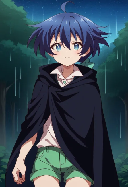 score_9, score_8_up, score_7_up, source_anime BREAK looking at viewer, solo, 1girl, cowboy shot,
<lora:LloydDwnstyPdxl:1>, lloyd_cloak, blue eyes, blue hair, short hair, low ponytail, hair between eyes, hair bow, green shorts, ahoge, black cape, black jacket, collared shirt,
evil smile,
outdoors, forest, rain, nature, starry sky, moonlight,
<lora:7thPrinzIsekaiDwnstyArtstyle:1>
