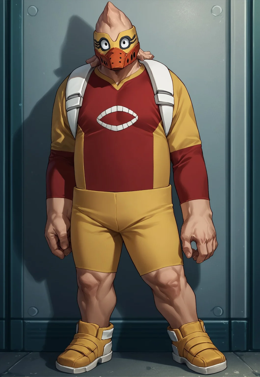 kojikoda, score_9, score_8_up, score_7_up, detailed, solo, full body, 1boy, black eyes, bodysuit, red shirt, yellow shorts, yellow footwear, mask, shoulder strap