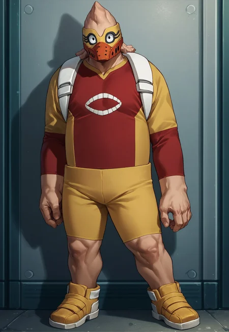 kojikoda, score_9, score_8_up, score_7_up, detailed, solo, full body, 1boy, black eyes, bodysuit, red shirt, yellow shorts, yellow footwear, mask, shoulder strap