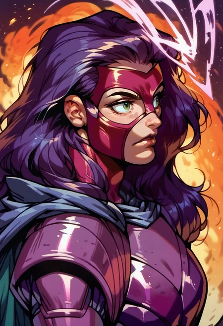 score_9, score_8_up, score_7_up, BraddockClassic, mask, purple hair, long hair, bodysuit, armor, cape, upper body,