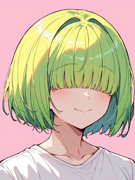 score_8_up, score_7_up, score_6_up, source_anime, 1girl, solo, simple background, pink background,
portrait, close-up
smile,
hair over eyes, blunt bangs
white t-shirt,
<lora:Hair_Over_Eyes:1>