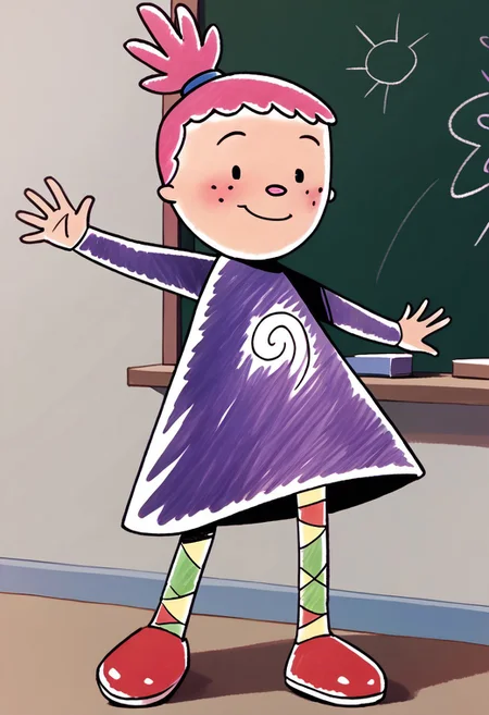 score_9, score_8_up, score_7_up BREAK PinkyDD, 1girl, pink hair, black eyes, freckles, pink nose, ponytail, long-sleeved purple spiral dress, multicolor stockings, red shoes, drawing on chalkboard, happy, smiling, solo, solo focus,